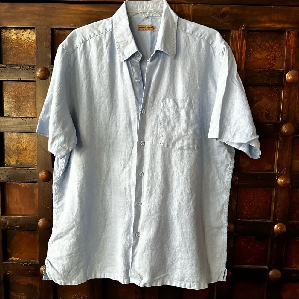 Natural Blue Outdoor:XL 100% Linen Blue Shirt‎